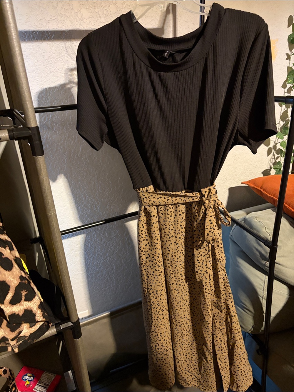 Black Top with Tan Leopard-Print Midi Skirt Set